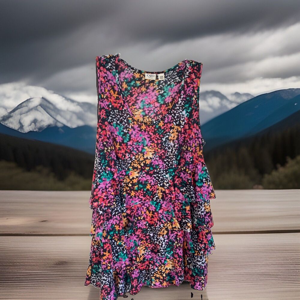 Cato 18/20 Black Multi Floral Top Ruffles Sleeveless Casual Good Condition Sheer